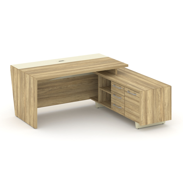 Corner Стол руководителя с тумбой COR.SRT-18 (R) Гикори Песочный/Ваниль/Металл Ваниль 1800*1800*750 Corner Стол руководителя с тумбой COR.SRT-18 (R) Гикори Песочный/Ваниль/Металл Ваниль 1800*1800*750